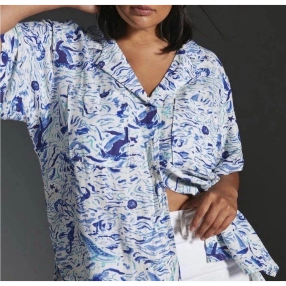 Maeve Anthropologie XL Linen Blend Nautical Ocean Print Split Back Shirt Blouse